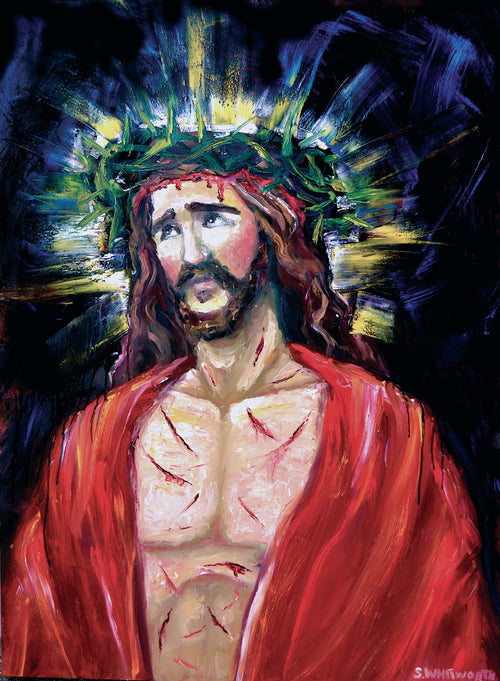 Jesus wearing a crown of thorns and a red robe, His sweet yet sorrowful gaze lifted toward His Heavenly Father.