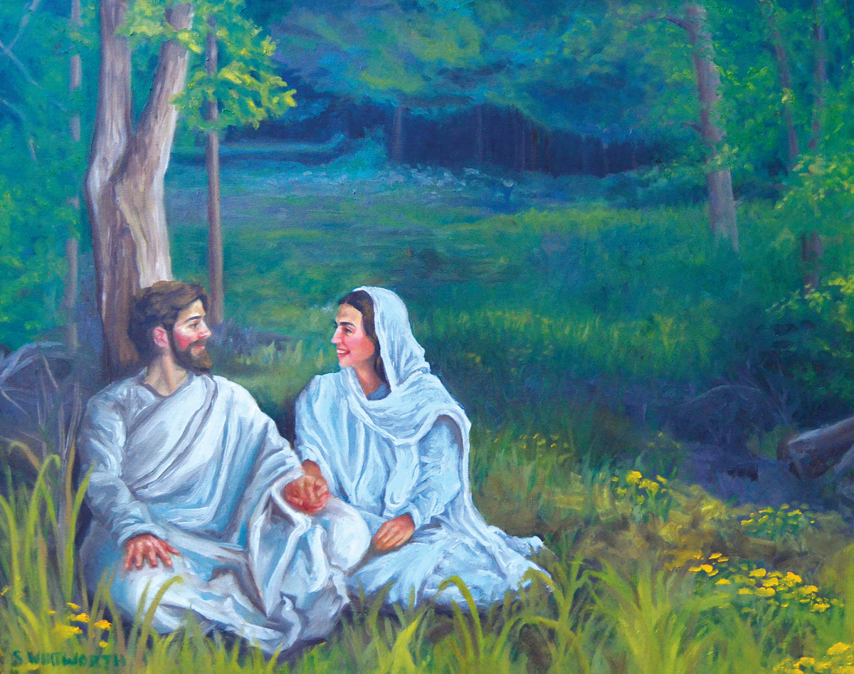 Original painting of Mary and Joseph seated together in a green meadow