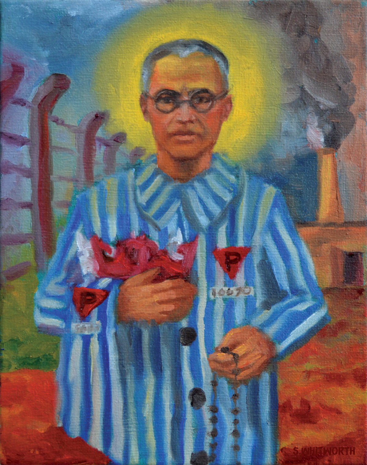 Original painting of St. Maximilian Kolbe in a prisoner uniform holding two crowns and a rosary