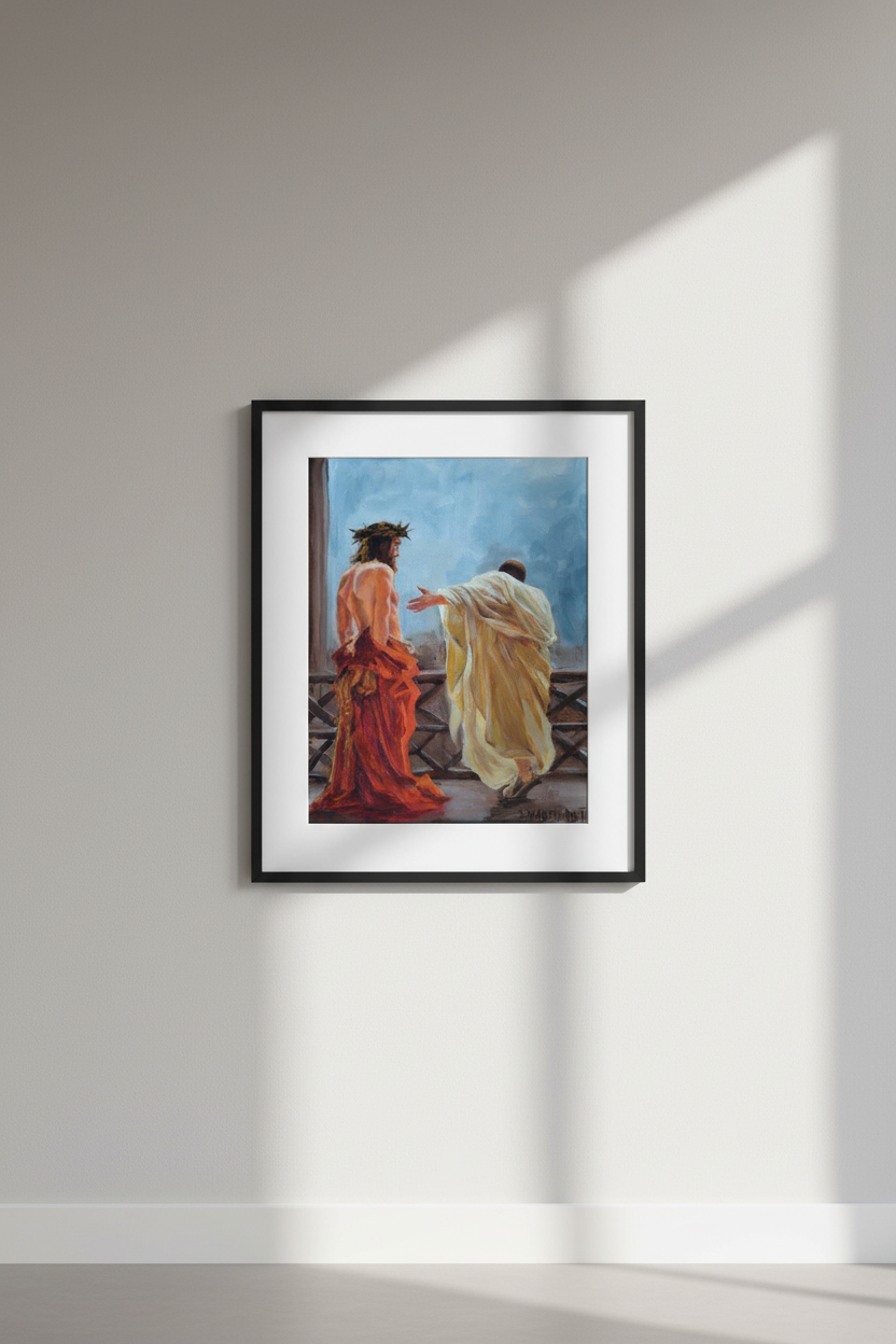 Ecce Homo framed fine art print — thin black frame with white mat on neutral grey wall