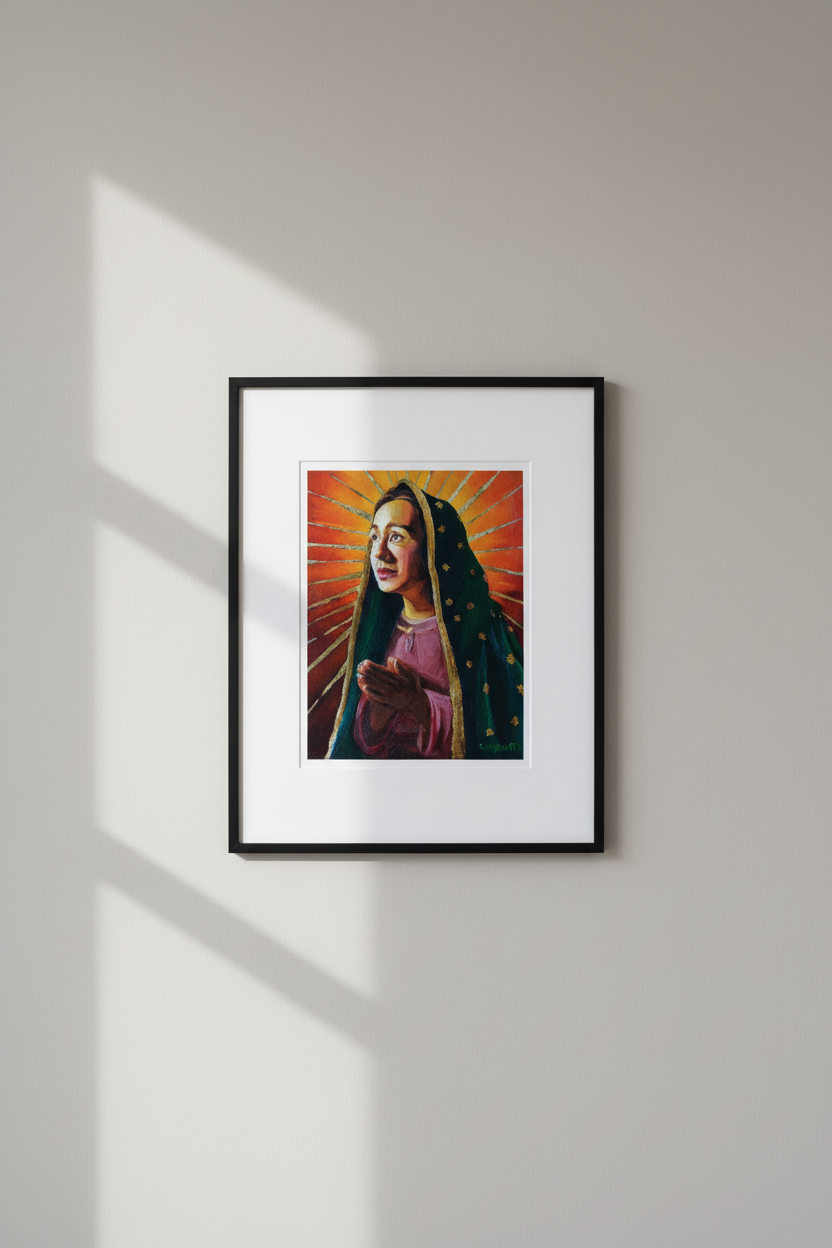 Nuestra Señora de Guadalupe framed fine art print — thin black frame with white mat on neutral grey wall