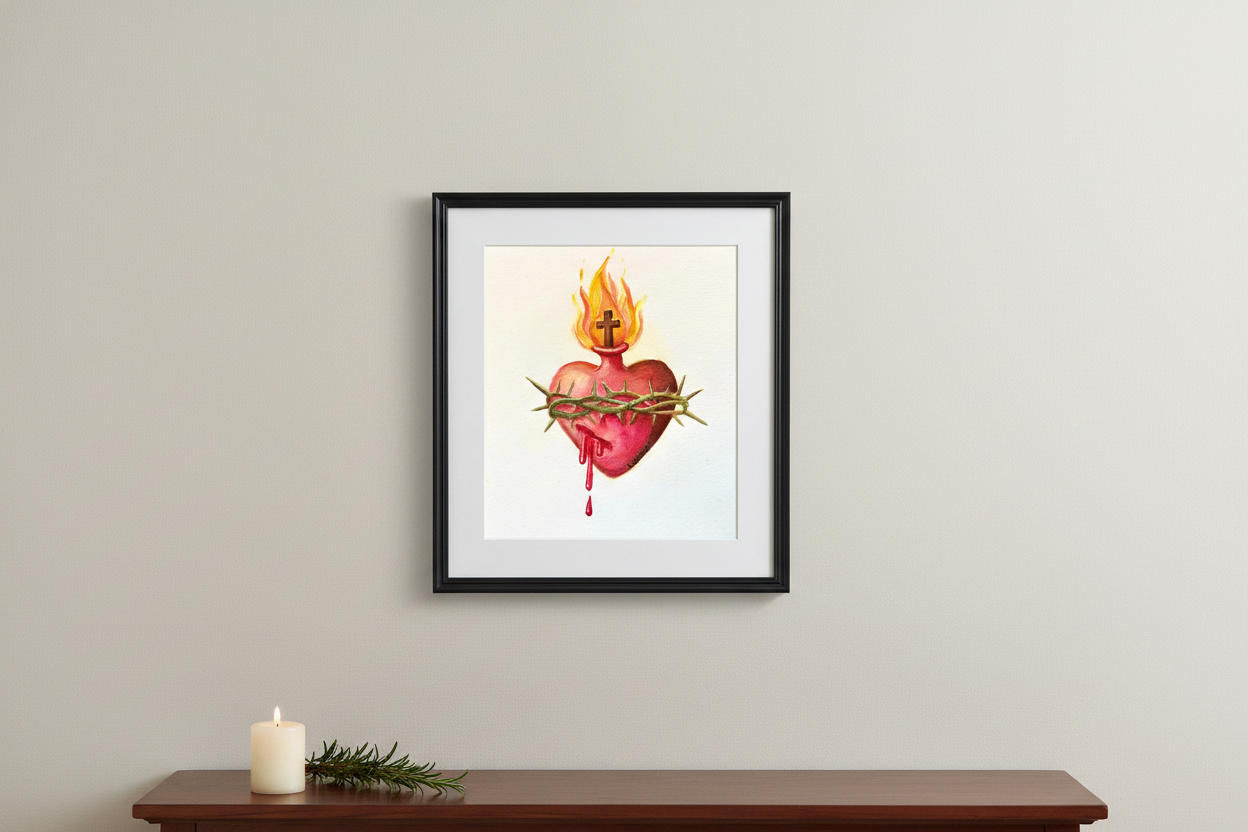 Sacred Heart of Jesus original watercolor displayed in a thin black frame with white mat